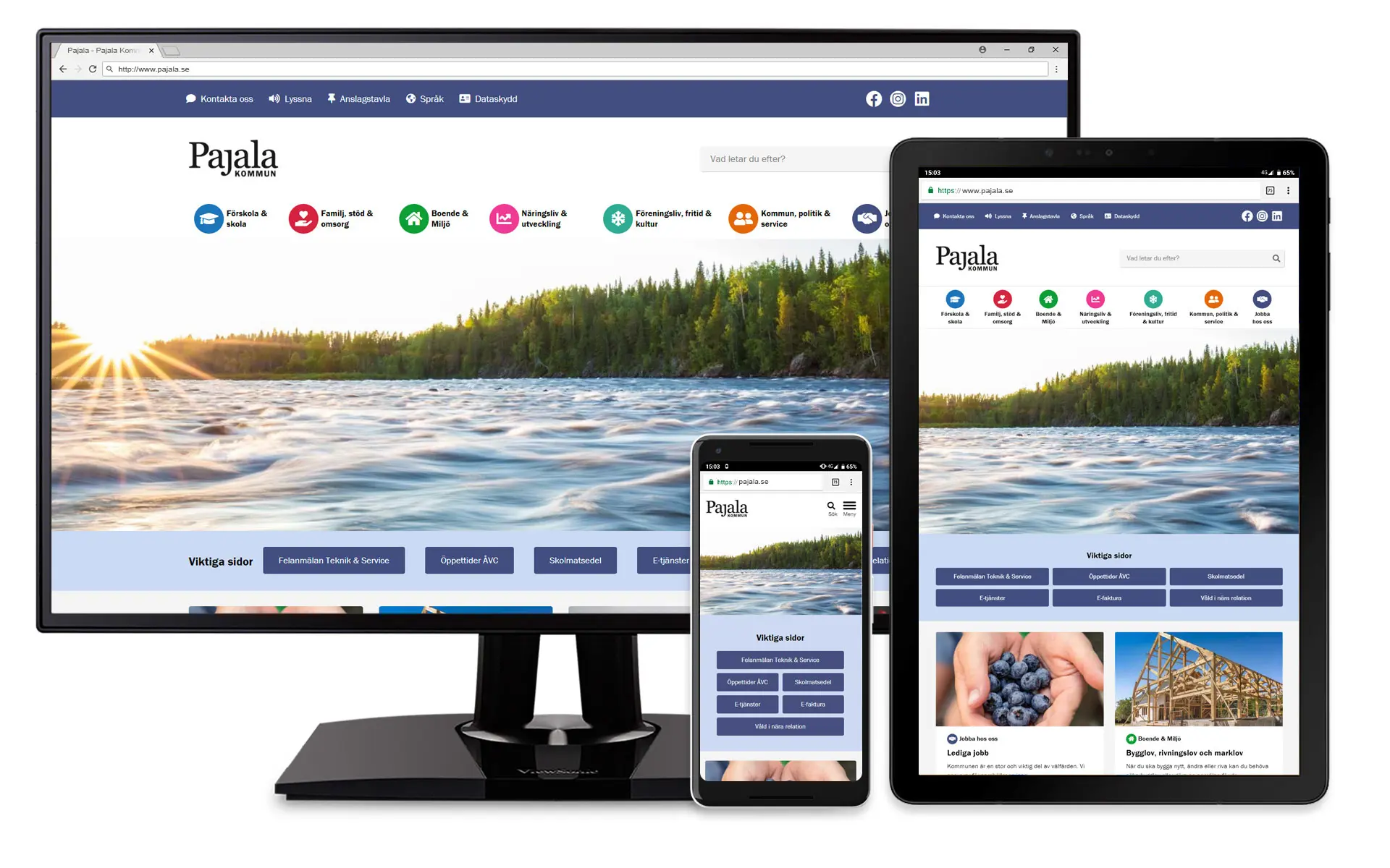 Mockup som visar Pajala kommuns hemsida på en laptop, padda och telefon
